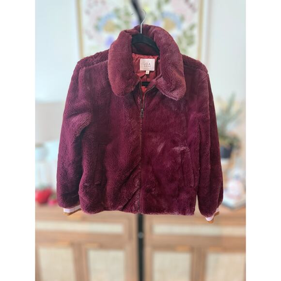 J.O.A. Just One Answer Faux Fur Full Zip Bomber Jacket Wine Womens Size Small - Picture 2 of 12